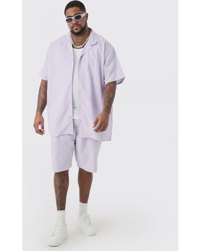 BoohooMAN Plus Oversized Linen Drop Revere Shirt & Short Set In Lilac - Purple