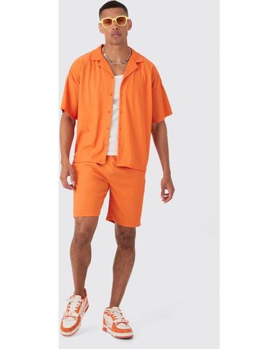 BoohooMAN Short Sleeve Ribbed Boxy Shirt & Short - Orange