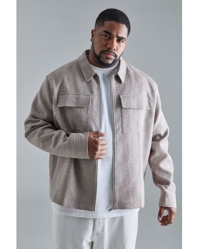 BoohooMAN Plus Textured Cotton Jacquard Smart Cargo Jacket - Grey