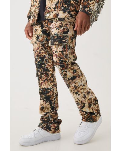 BoohooMAN Tapestry Stacked Flared Cargo Pants - Brown