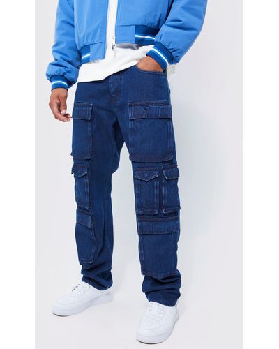BoohooMAN Relaxed Fit Washed Multi Pocket Cargo Jeans - Blue