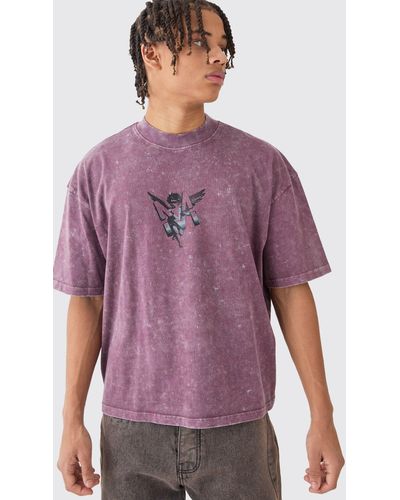 Boohoo Oversized Boxy Extended Neck Acid Wash M Graphic T-shirt - Purple