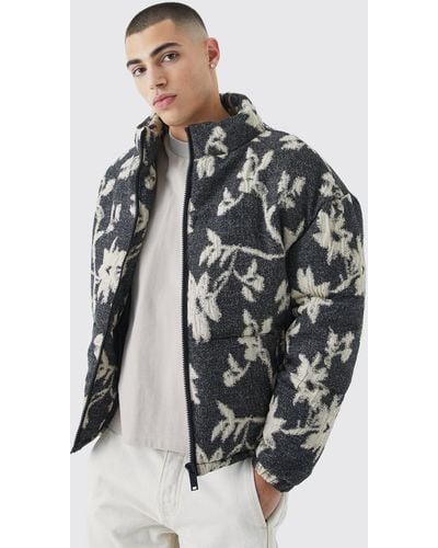 Boohoo Boxy Funnel Neck Floral Jacquard Puffer - Black