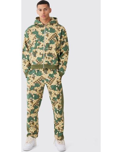 BoohooMAN Kastiger Oversize Camouflage Hoodie-Trainingsanzug mit Reißverschluss - Grün