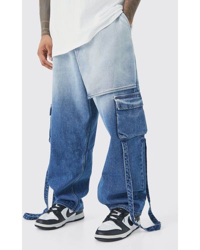 BoohooMAN Elastic Waist Dropped Crotch Baggy Ombre Jeans - Blue