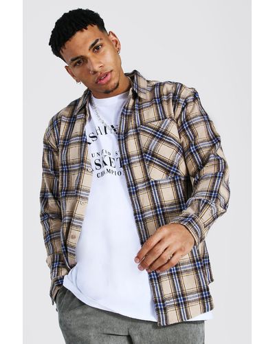 BoohooMAN Oversized Flannel Shirt - Natural