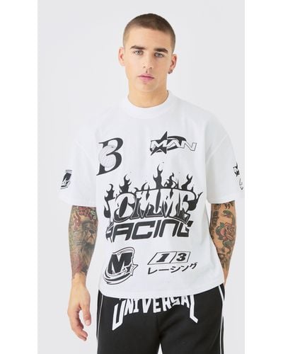 BoohooMAN Oversized Boxy Extended Neck Homme Moto Graphic T-shirt - Weiß