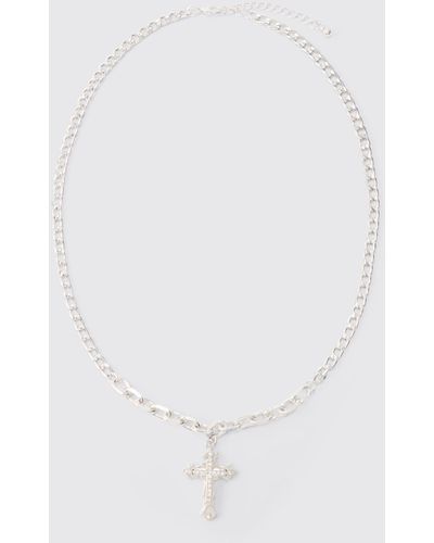BoohooMAN Chain Detail Cross Necklace In Silver - Weiß