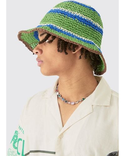 BoohooMAN Striped Raffia Bucket Hat In Green