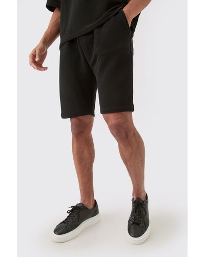BoohooMAN Loose Fit Mid Length Textured Shorts - Black