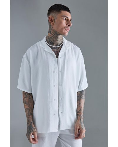 BoohooMAN Tall Linen Oversized Revere Shirt In White - Grau