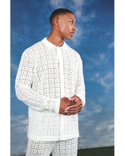 BoohooMAN Oversized Long Sleeve Crochet Shirt - White