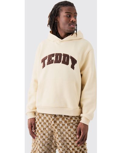 BoohooMAN Oversized Boxy Borg Applique Hoodie - Natural
