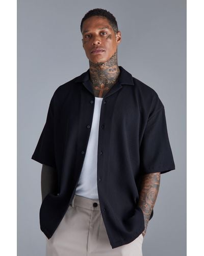 BoohooMAN Pleated Short Sleeve Oversized Boxy Shirt - Black