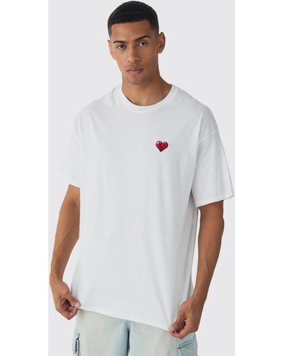 BoohooMAN Oversized Broken Heart Embroidered T-shirt - Weiß
