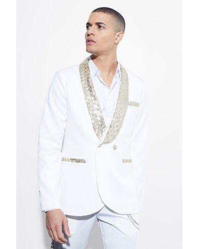 BoohooMAN Slim Fit Contrast Sequin Shawl Suit Jacket - White