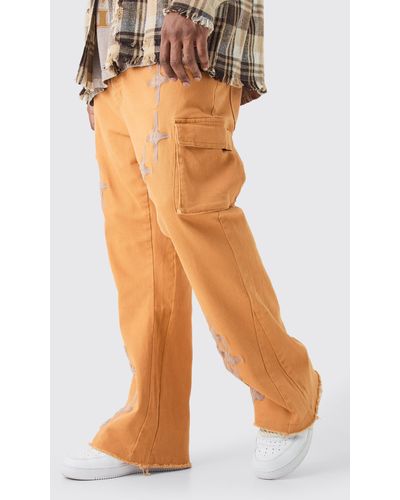 BoohooMAN Plus Fixed Waist Skinny Flare Gusset Applique Cargo Trouser - Orange