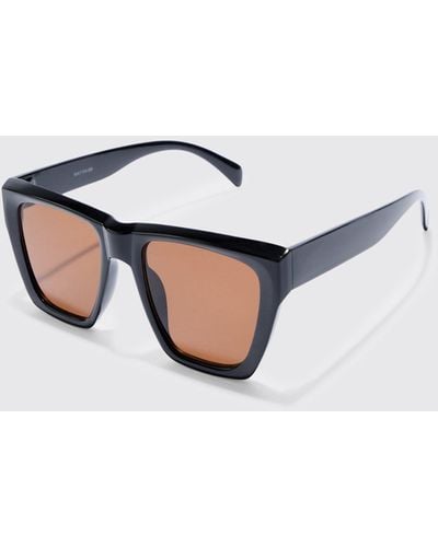BoohooMAN Square Sunglasses With Brown Lens In Black - White