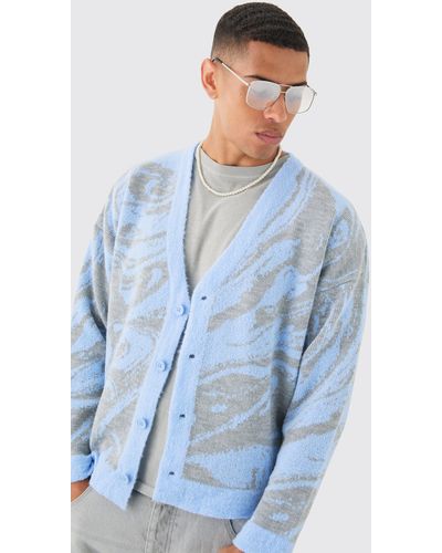 BoohooMAN Boxy Oversized Brushed Abstract All Over Jacquard Cardigan - Blue