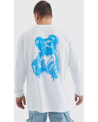 BoohooMAN Long Sleeve Spray On Teddy Graphic T-shirt - Blue