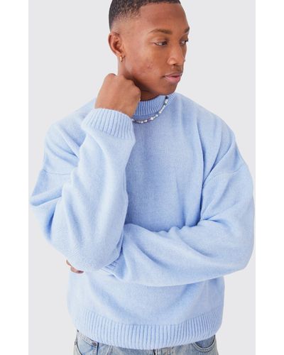 BoohooMAN Boxy Brushed Extended Neck Knitted Sweater - Blue