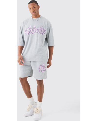 BoohooMAN Oversized Half Sleeve Worldwide Half Sleeve T-shirt And Short Set - Grey