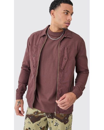 BoohooMAN Langärmliges Twill Hemd mit Reißverschluss - Lila