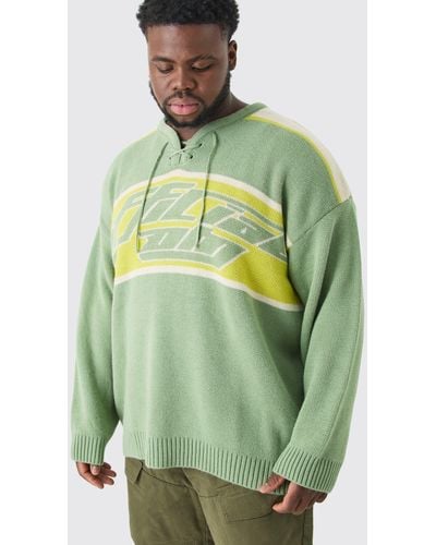 BoohooMAN Plus Oversized Knitted Hockey Top With Tie Detail - Green