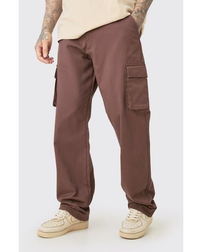 BoohooMAN Tall Fixed Waist Twill Relaxed Fit Cargo Trousers - Brown