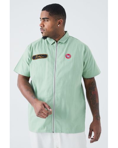 BoohooMAN Plus Short Sleeve Twill Zip Moto Shirt - Green