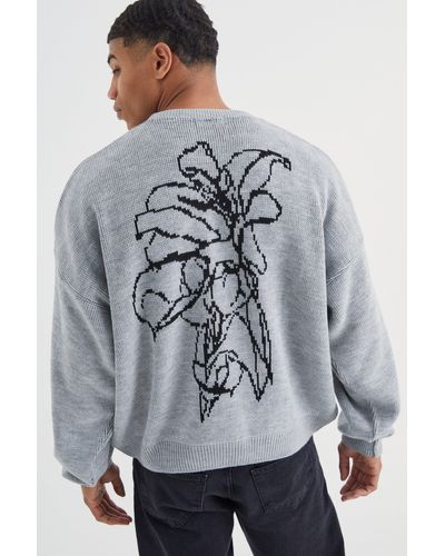 Boohoo Boxy Line Graphic Flower Knitted Sweater - Gray