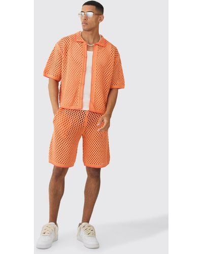BoohooMAN Oversized Boxy Open Stitch Contrast Tipping Shirt Short Set - Orange