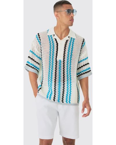 BoohooMAN Oversized Open Stitch Deep Revere Stripe Knit Polo - Blue