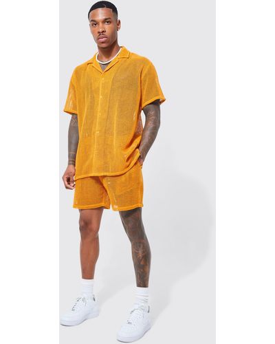 Boohoo Short Sleeve Open Weave Shirt And Short Set - Orange