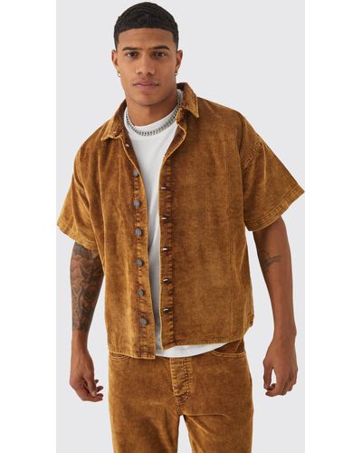 BoohooMAN Boxy Short Sleeve Acid Wash Cord Shirt - Brown