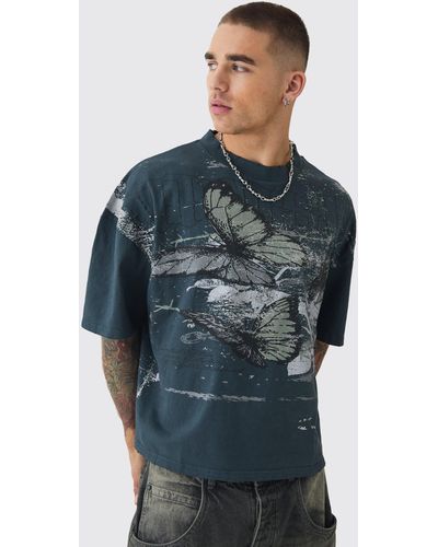 BoohooMAN Oversized Boxy Butterfly Print Washed Raw Edge T-shirt - Blue