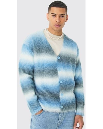 BoohooMAN Boxy Fit Knitted Brushed Stripe Cardigan In Blue