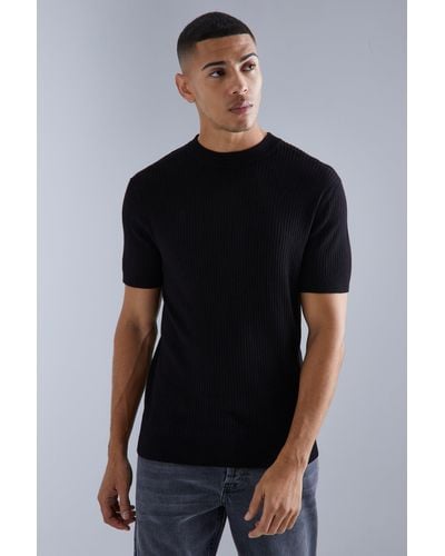 BoohooMAN Short Sleeve Turtle Neck Rib Knitted T-shirt - Black