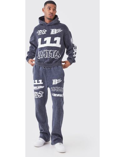BoohooMAN Tall Oversized Boxy Ribbed Puff Print Wash Hooded Tracksuit - Blue