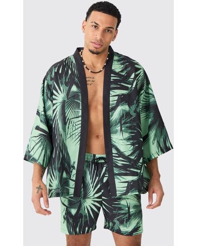 Boohoo Oversized Printed Kimono Shirt And Swim Short Set - Verde