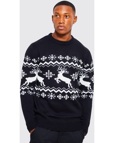 Boohoo Reindeer Fairisle Christmas Sweater - Blue