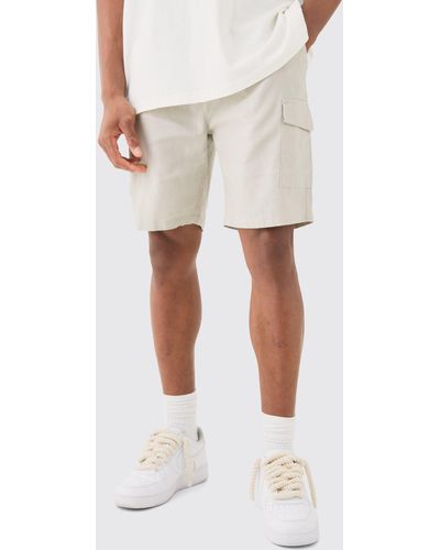 BoohooMAN Linen Elastic Waist Cargo Shorts - Natural
