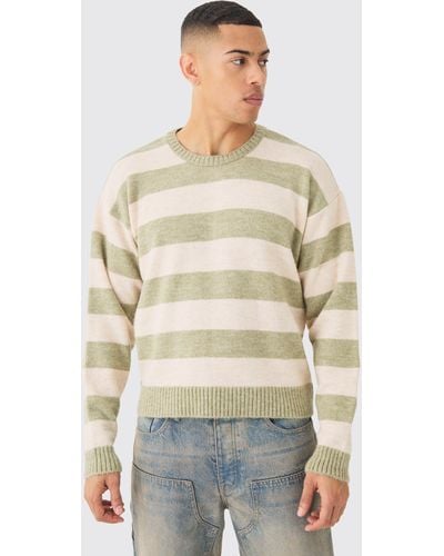 BoohooMAN Oversized Boxy Stripe Knit Jumper In Green - Natural