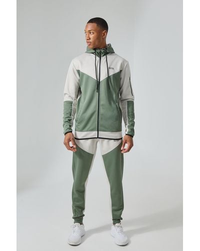 BoohooMAN Active Color Block Funnel Hooded Tracksuit - Green