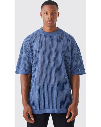 Boohoo Oversized Drop Shoulder Open Stitch T-shirt - Blue