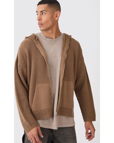 BoohooMAN Boxy Ribbed Knitted Zip Through Hoodie - Brown