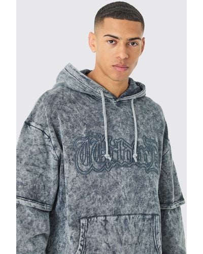 Boohoo Oversized Faux Layer Acid Wash Embroidered Hoodie - Grey