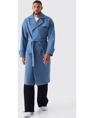 BoohooMAN Tall Double Breasted Storm Flap Trench Overcoat - Blue