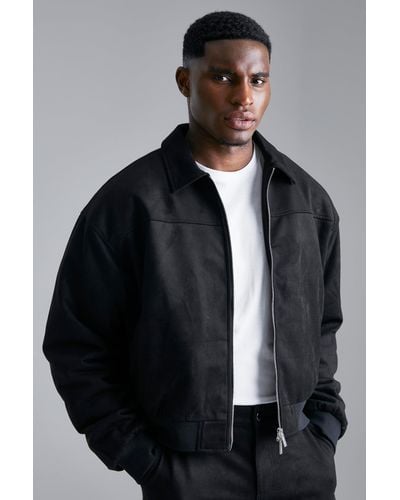 BoohooMAN Faux Suede Boxy Collared Bomber - Black