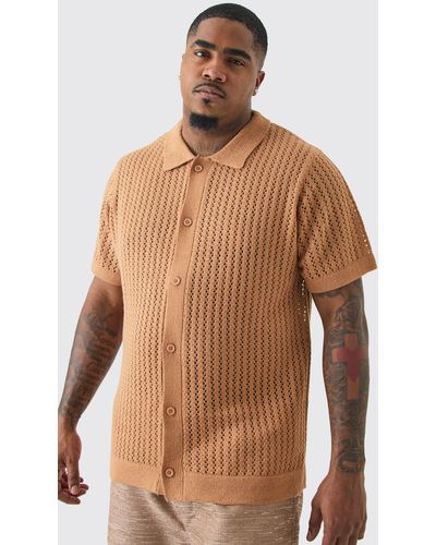 BoohooMAN Plus Open Stitch Short Sleeve Knitted Shirt In Taupe - Brown